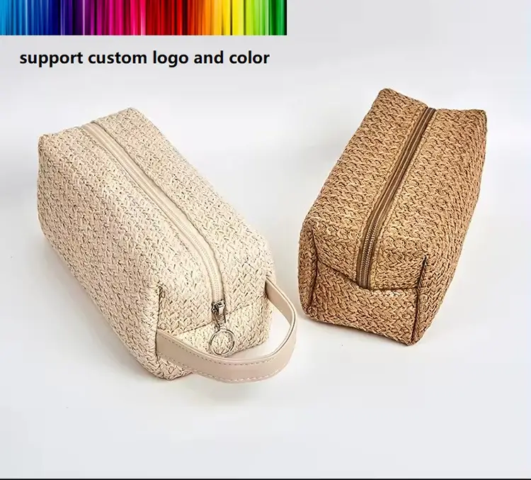 Travel friendly woven toiletry pouch inside an elegant luggage packing flat lay